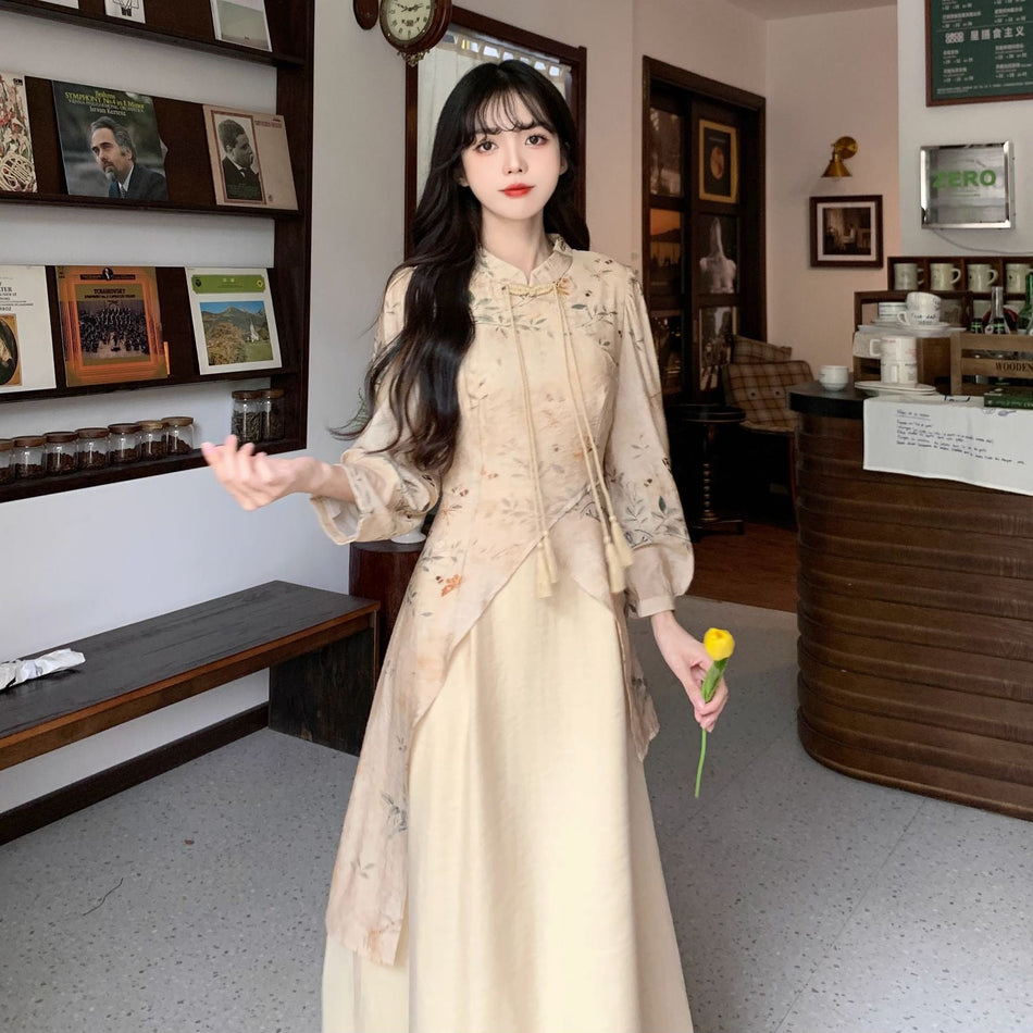 Retro Cheongsam Midi Dress Elegant Autumn Women