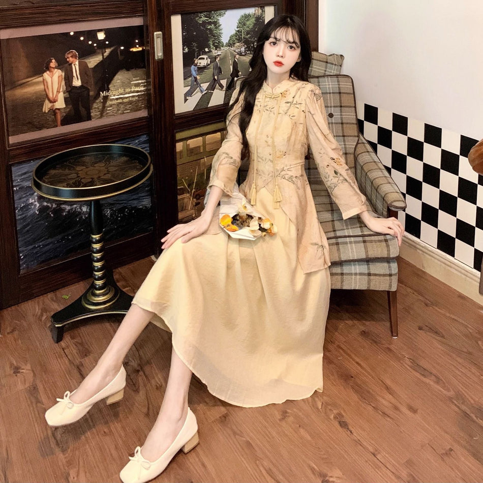 Retro Cheongsam Midi Dress Elegant Autumn Women