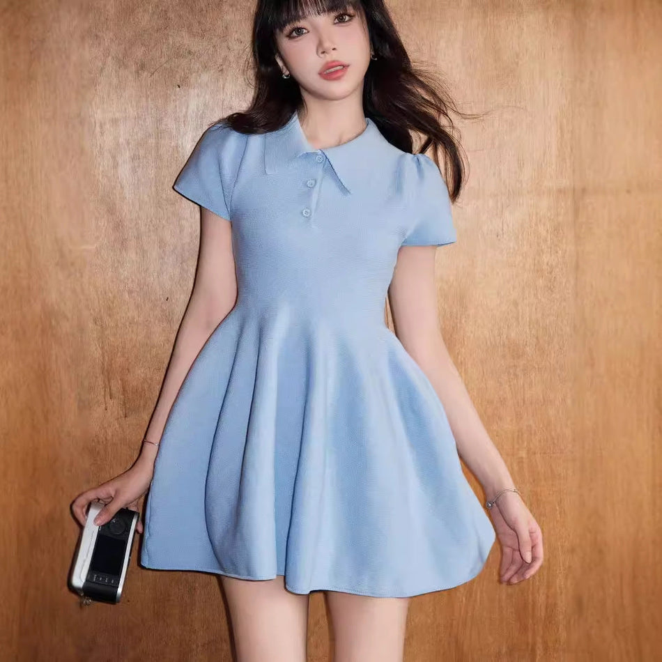 Shirt Collar A-Line Puff Dress Slim Waist Summer Women