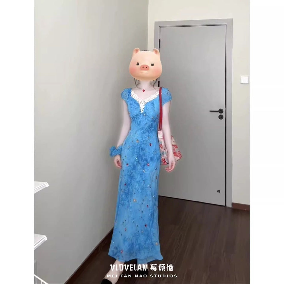 Capri Blue Lace Slim Dress Elegant Summer Women