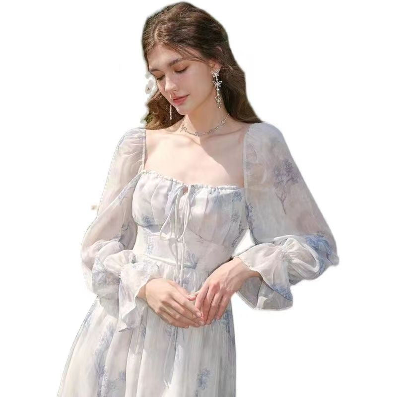 French Square Collar Printed Tea Dress Elegant Women