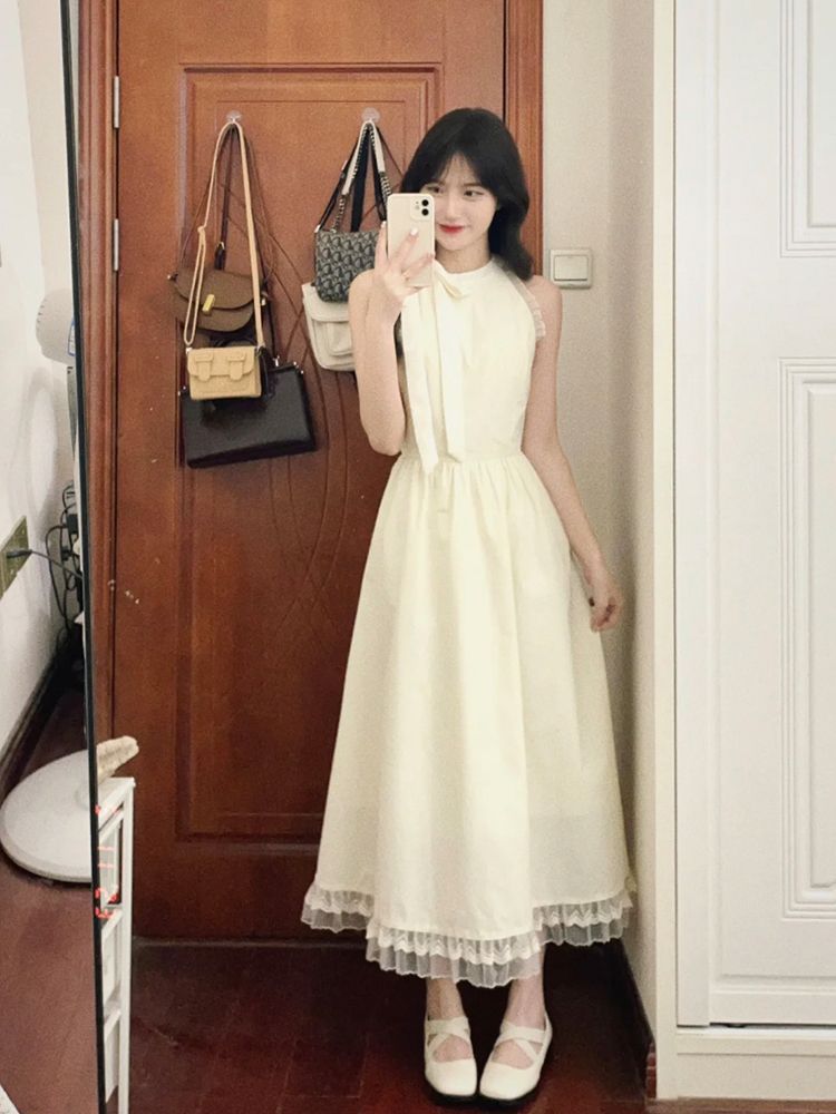 French Lace Bow Long Dress Elegant Summer Women