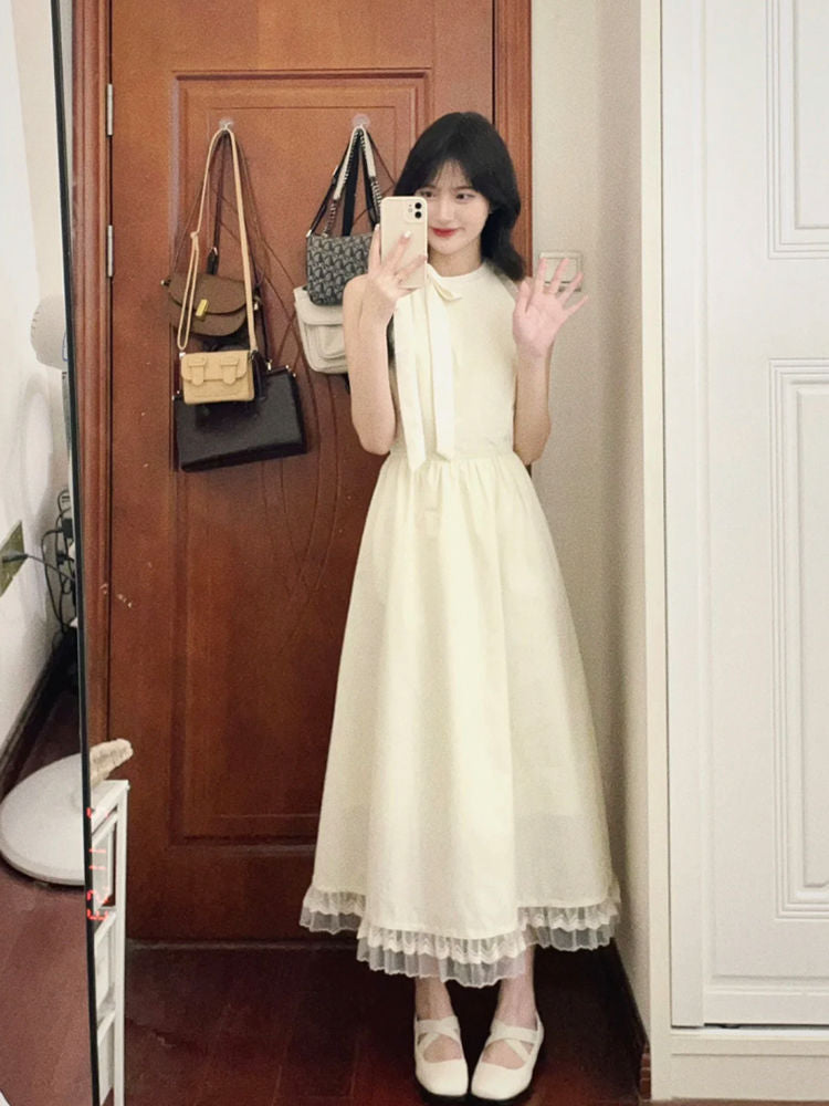 French Lace Bow Long Dress Elegant Summer Women