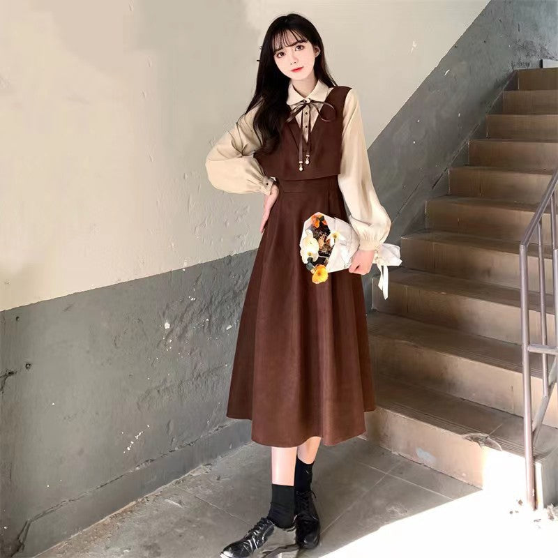 French Corduroy Two-Piece Slim Dress Autumn Women
