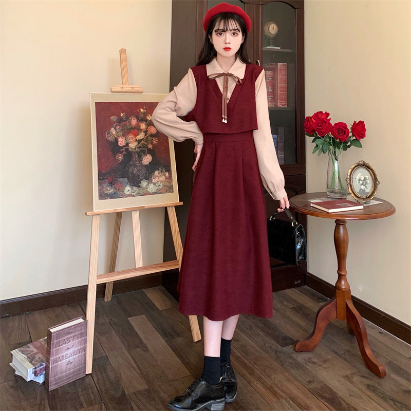 French Corduroy Two-Piece Slim Dress Autumn Women