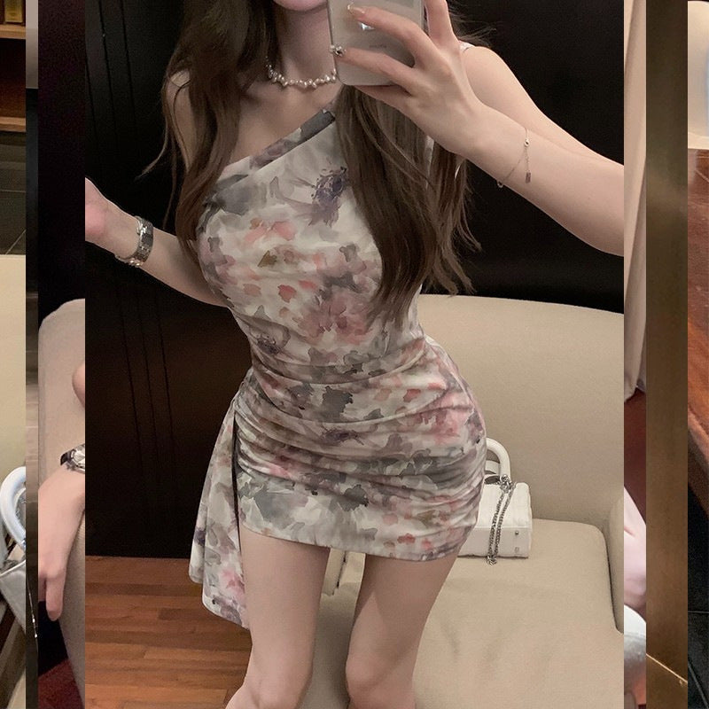 French Floral One-Shoulder Short Dress Elegant Women