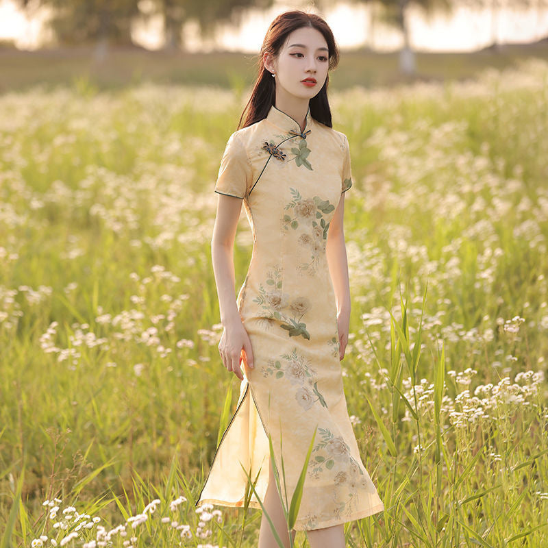 Elegant Cheongsam Midi Dress Retro Floral Women 2025
