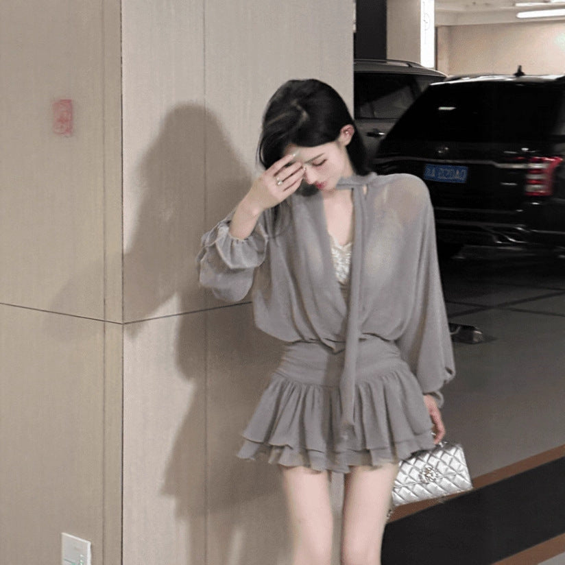 French Sexy Waist-Cinching A-Line Dress Autumn Women