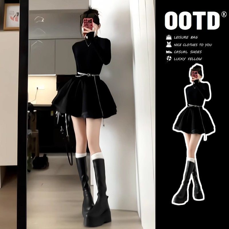 Black Slim Puffy Princess Dress Elegant Winter Women