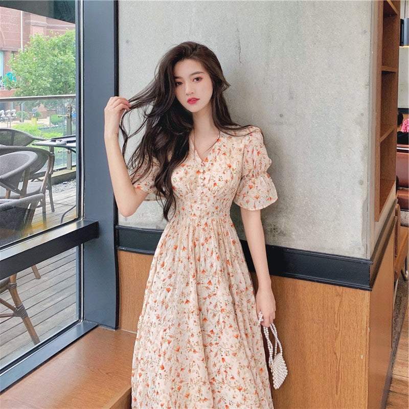 French Floral Puff Sleeve Chiffon Tea Dress Women Summer