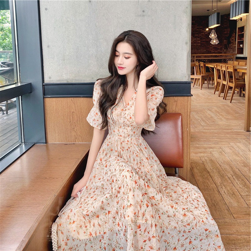 French Floral Puff Sleeve Chiffon Tea Dress Women Summer