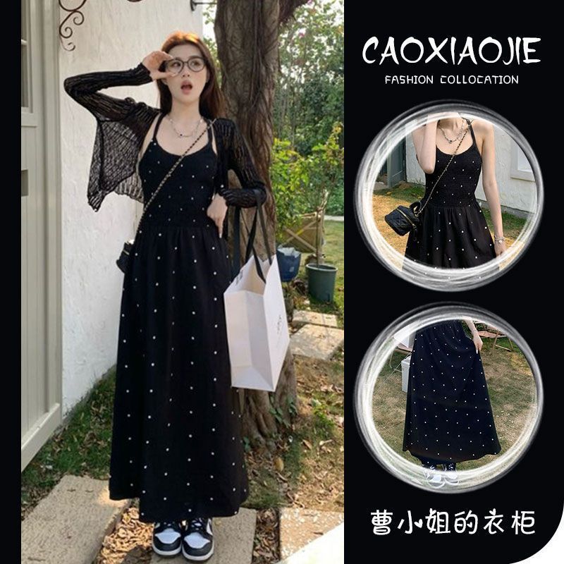 Plus Size Black Polka Sling Dress Elegant Summer Women