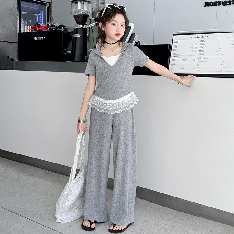 Girls Hooded Lace T-Shirt Summer 2-Piece Set 2026 – Summer Kids Fashion Nepal | Tudoholic