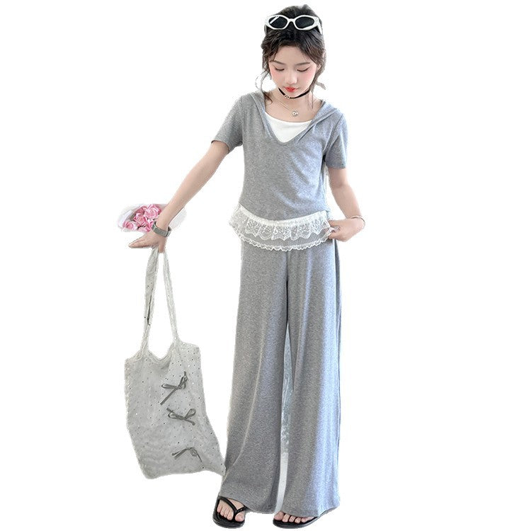 Girls Hooded Lace T-Shirt Summer 2-Piece Set 2026 – Summer Kids Fashion Nepal | Tudoholic