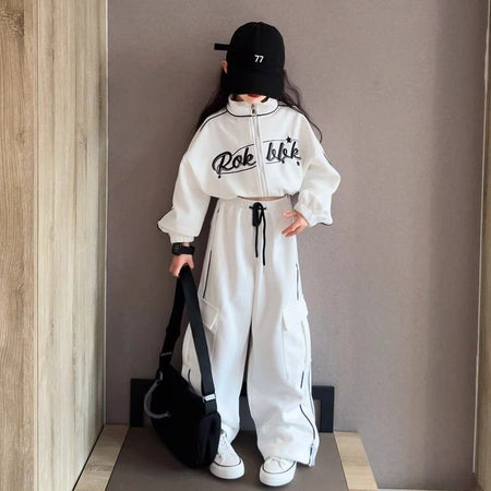 Girls Korean Striped Jacket Pants Set Spring Autumn 2026 – Sporty Kids Outfit Nepal | Tudoholic