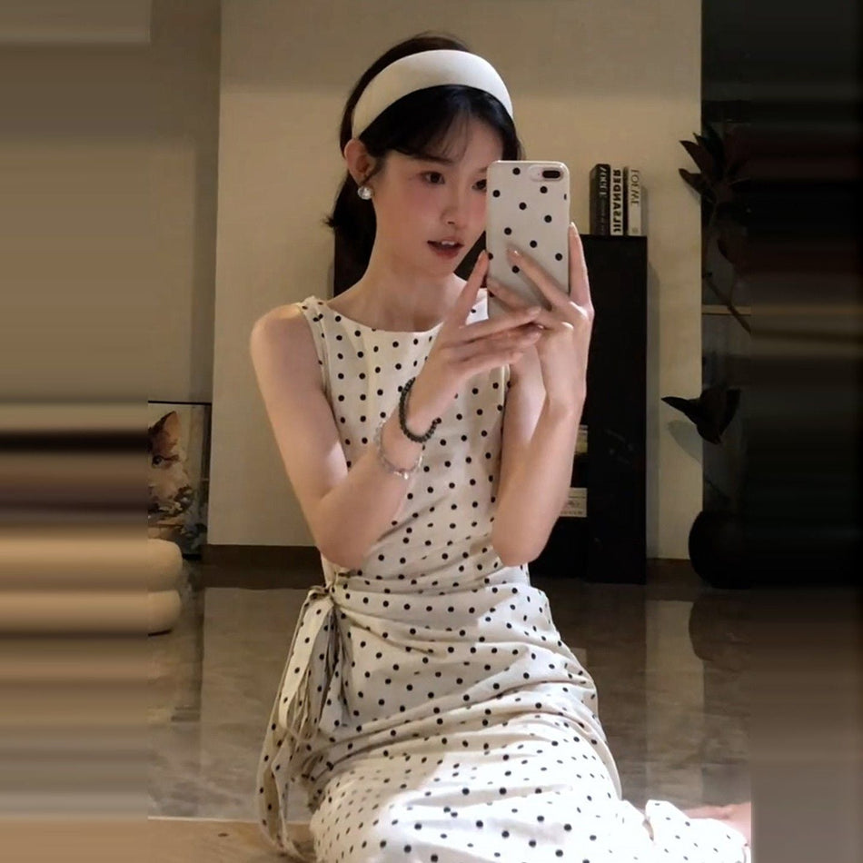 French Polka Dot Sleeveless Midi Dress Elegant Women