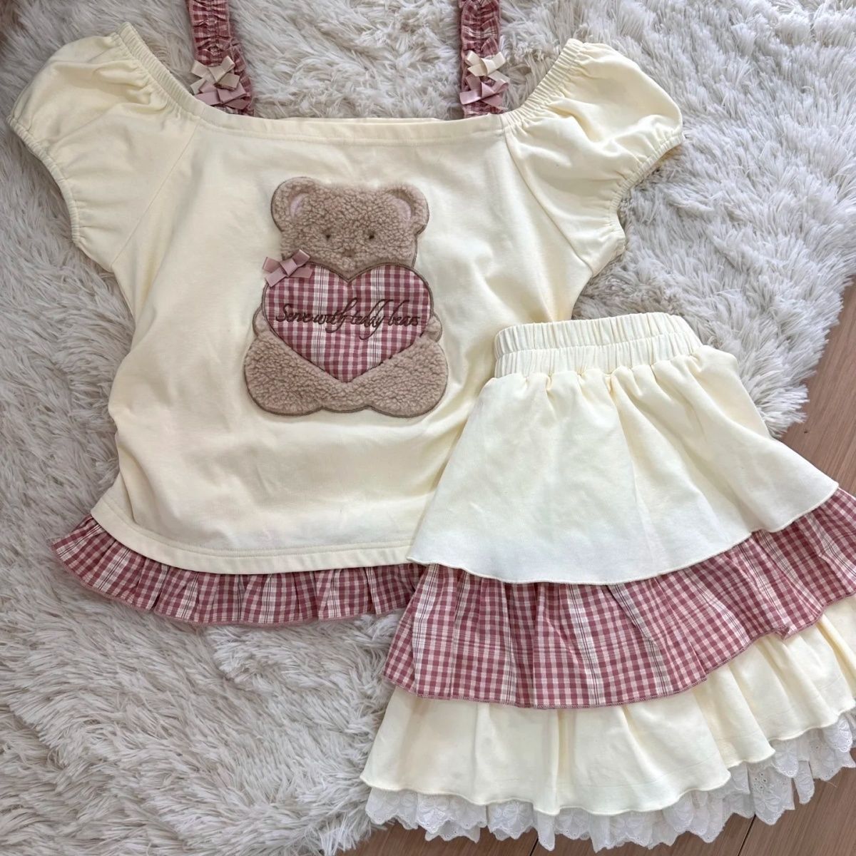 Girls Korean Plaid Lace Top & Cake Skirt Set – Sweet Kids Outfit Nepal | Tudoholic