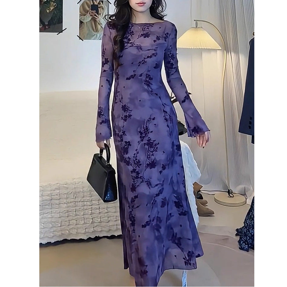 Women Purple Floral Mesh Long Dress Autumn Winter