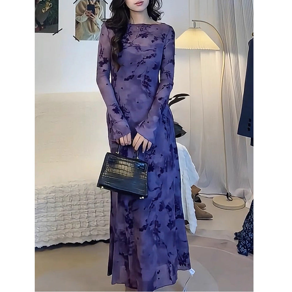 Women Purple Floral Mesh Long Dress Autumn Winter
