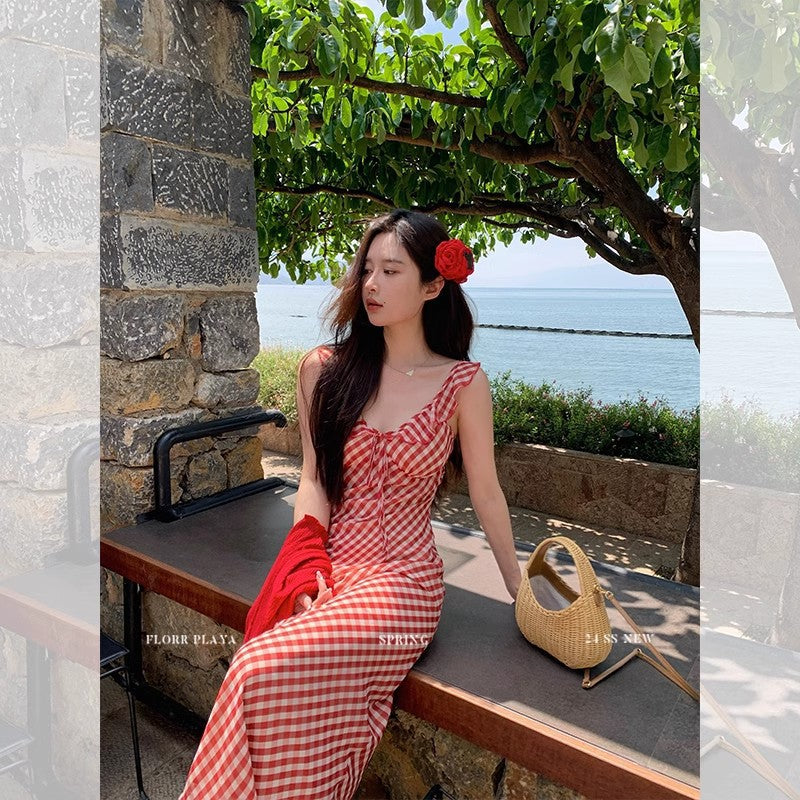 Women Red Plaid Sling Fishtail Dress Summer Style