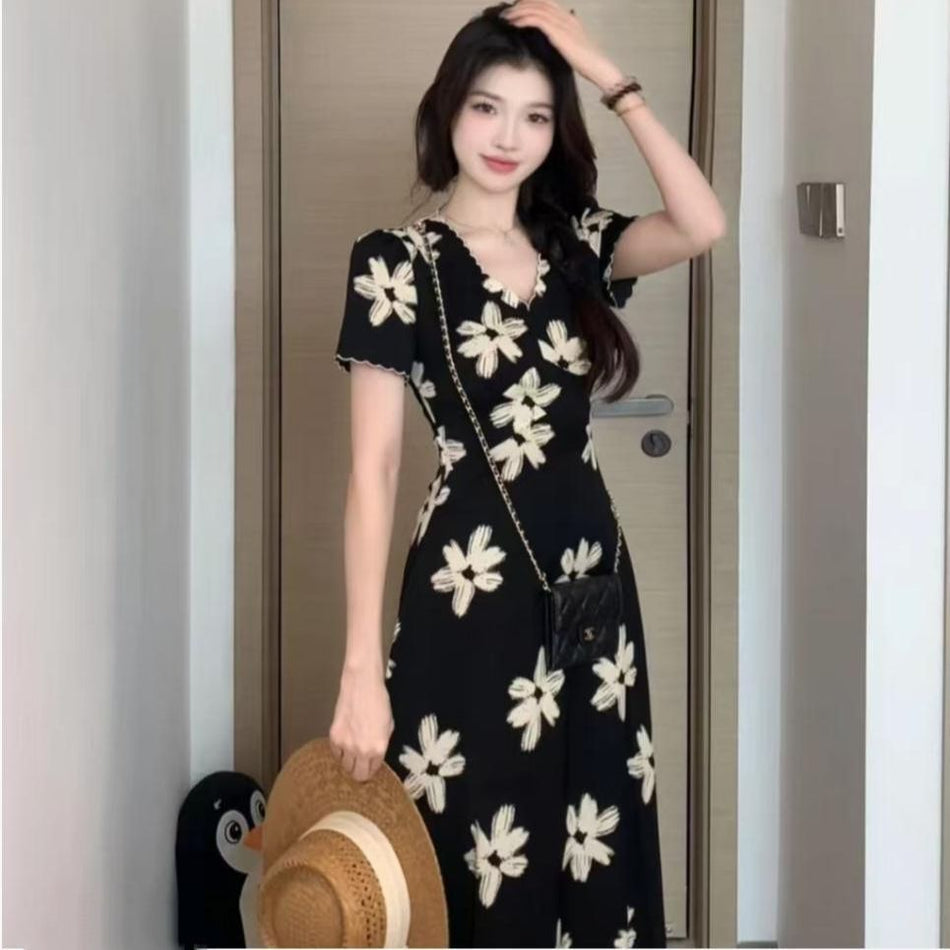 Women French V-Neck Floral Slim Fit Elegant Dress