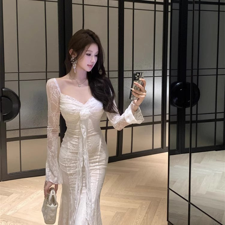 Women Square Neck Lace Midi Dress Autumn 2025