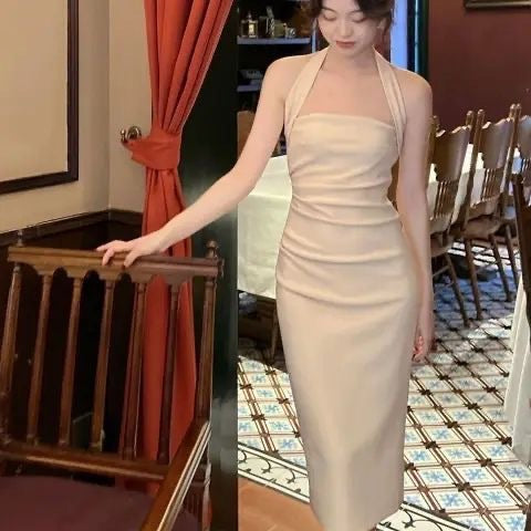 Women White Slim Fit Strap Hip Dress 2025 French Style