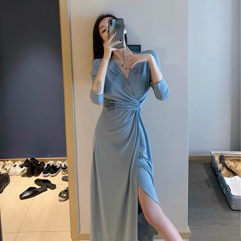 Women Black Hepburn Pleated Midi Dress Autumn Style