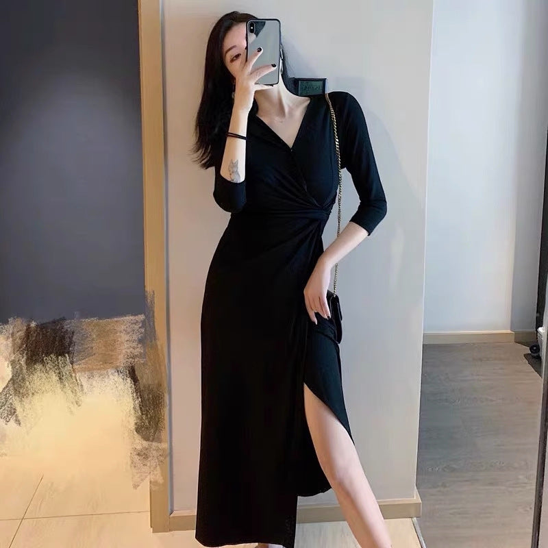 Women Black Hepburn Pleated Midi Dress Autumn Style