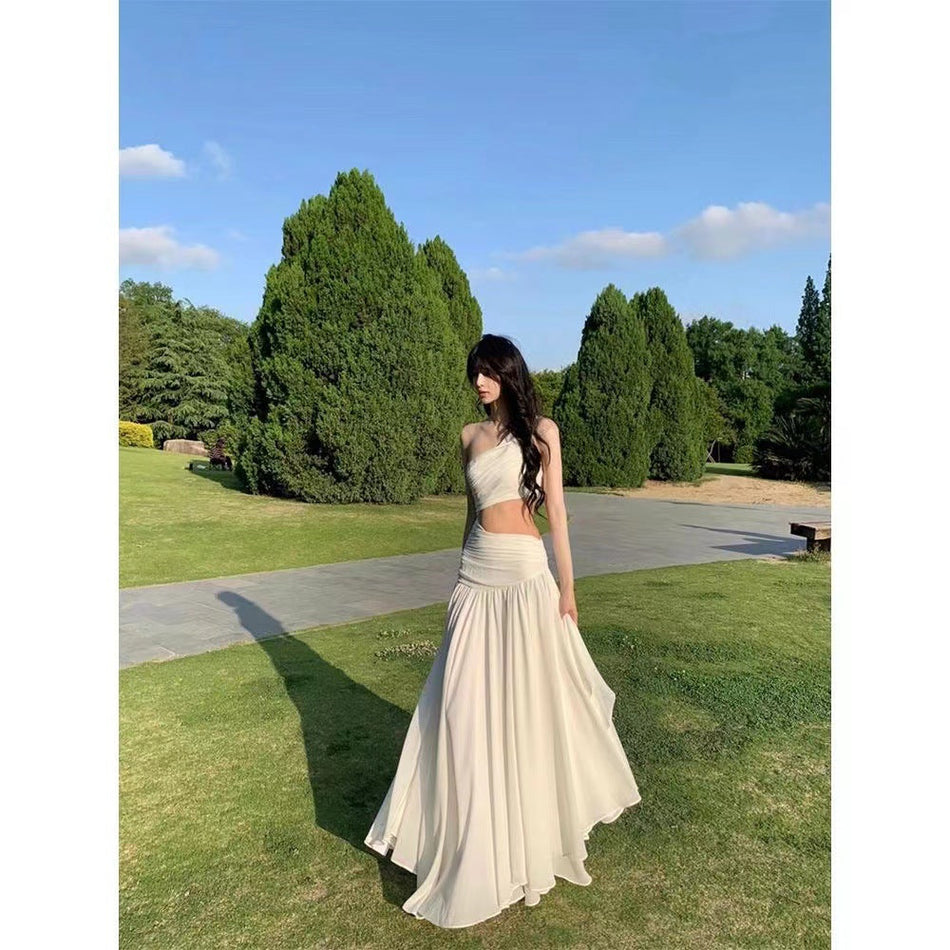 Women White Sleeveless Shoulder Long Dress Summer