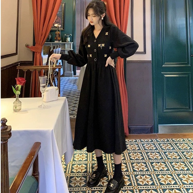 Women Black V-Neck Embroidered Slim Fit Dress 2025