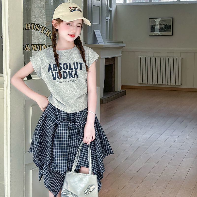 Girls Korean Letter Top & Plaid Skirt Set – Preppy Kids Outfit Nepal | Tudoholic