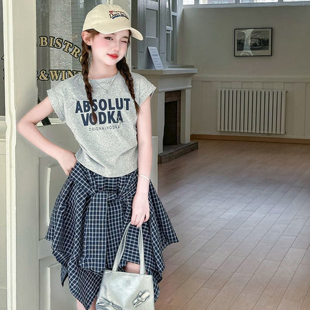 Girls Korean Letter Top & Plaid Skirt Set – Preppy Kids Outfit Nepal | Tudoholic