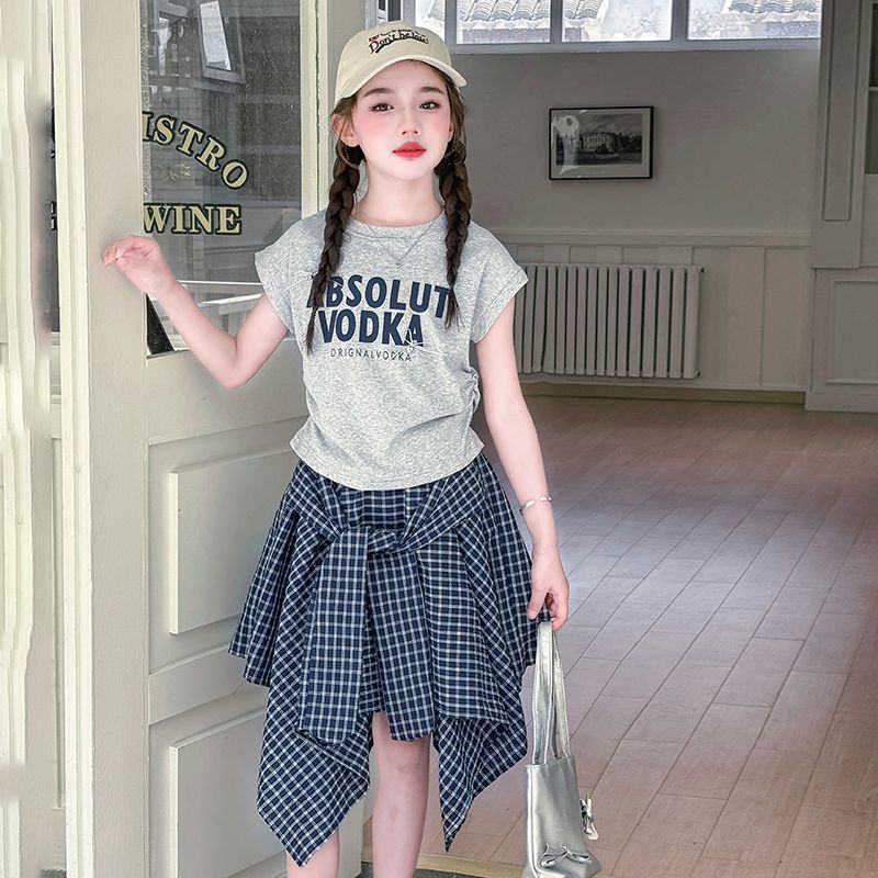 Girls Korean Letter Top & Plaid Skirt Set – Preppy Kids Outfit Nepal | Tudoholic