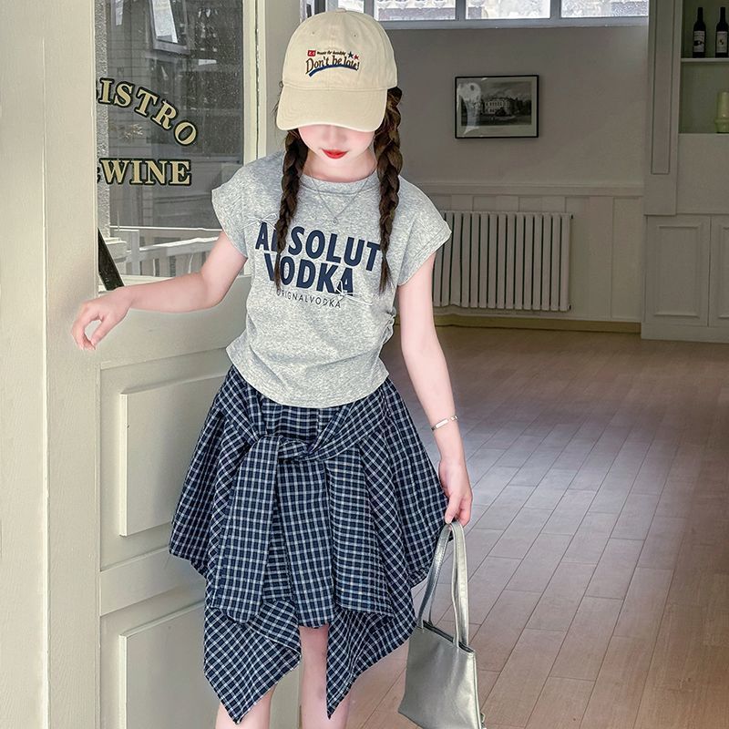 Girls Korean Letter Top & Plaid Skirt Set – Preppy Kids Outfit Nepal | Tudoholic