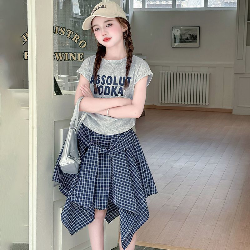 Girls Korean Letter Top & Plaid Skirt Set – Preppy Kids Outfit Nepal | Tudoholic