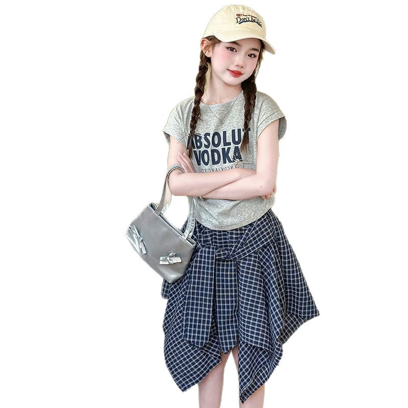 Girls Korean Letter Top & Plaid Skirt Set – Preppy Kids Outfit Nepal | Tudoholic