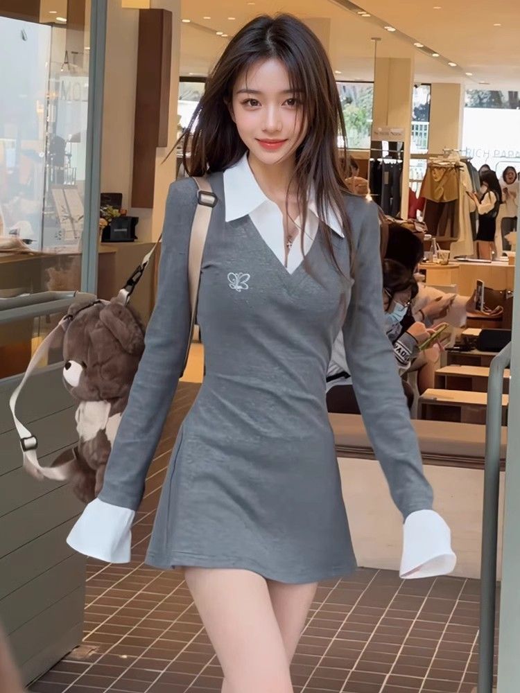 Women Preppy Shirt Sheath Mini Dress Autumn Winter