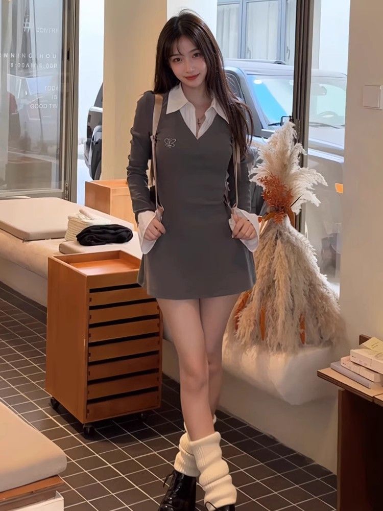 Women Preppy Shirt Sheath Mini Dress Autumn Winter