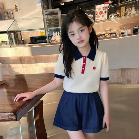Girls Preppy Lapel Shirt & Shorts Set – Stylish Kids Fashion Nepal | Tudoholic