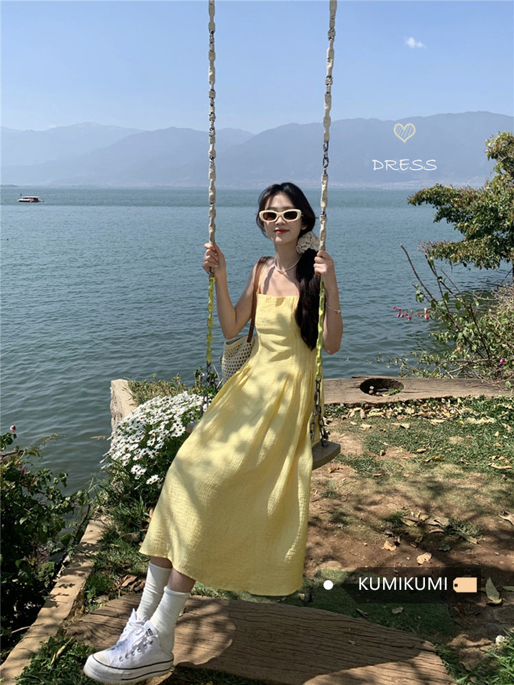 Women Yellow Suspender Maxi Dress Summer Vacation