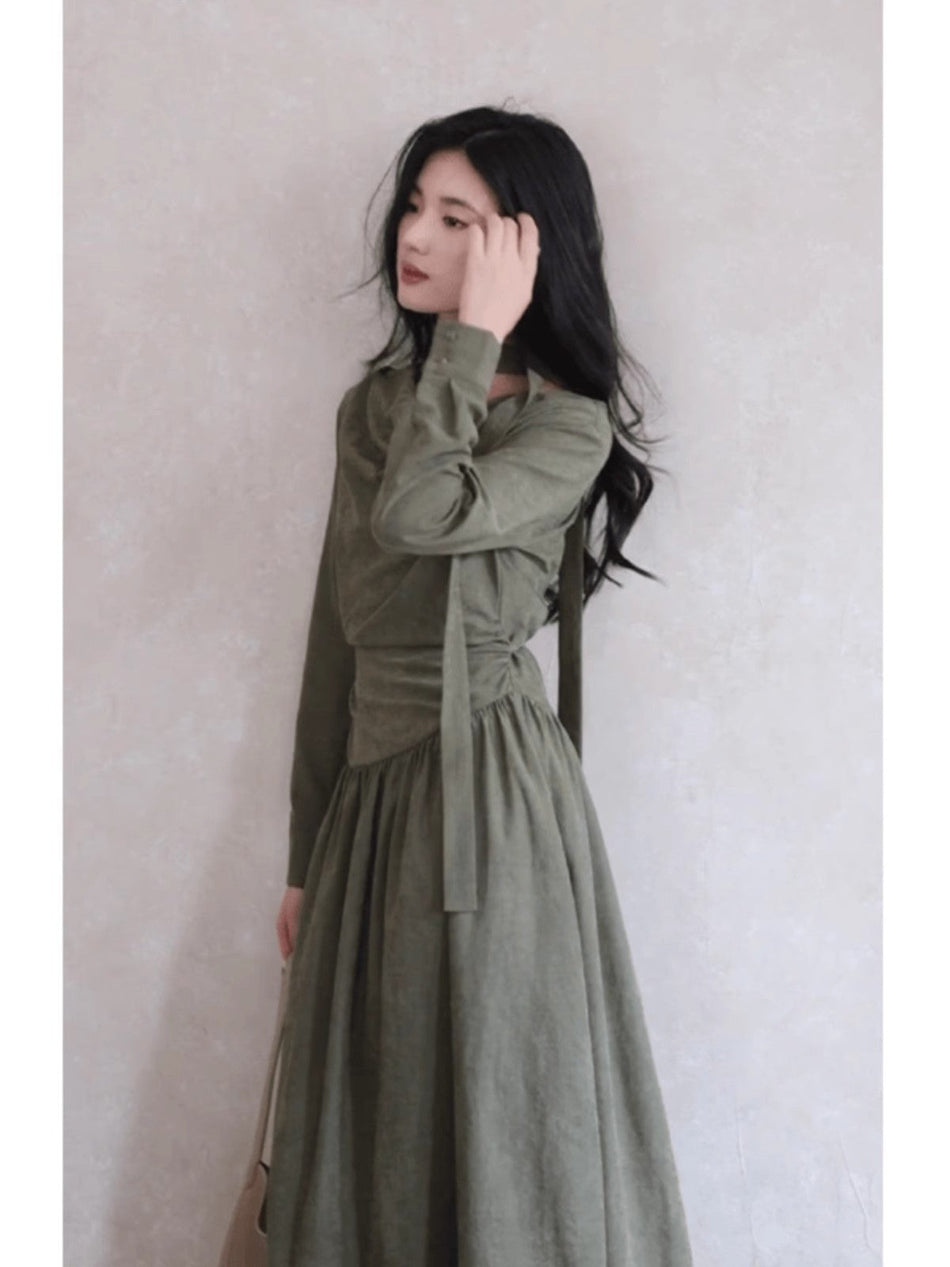 Women Green Swing Collar Pleated Midi Dress French