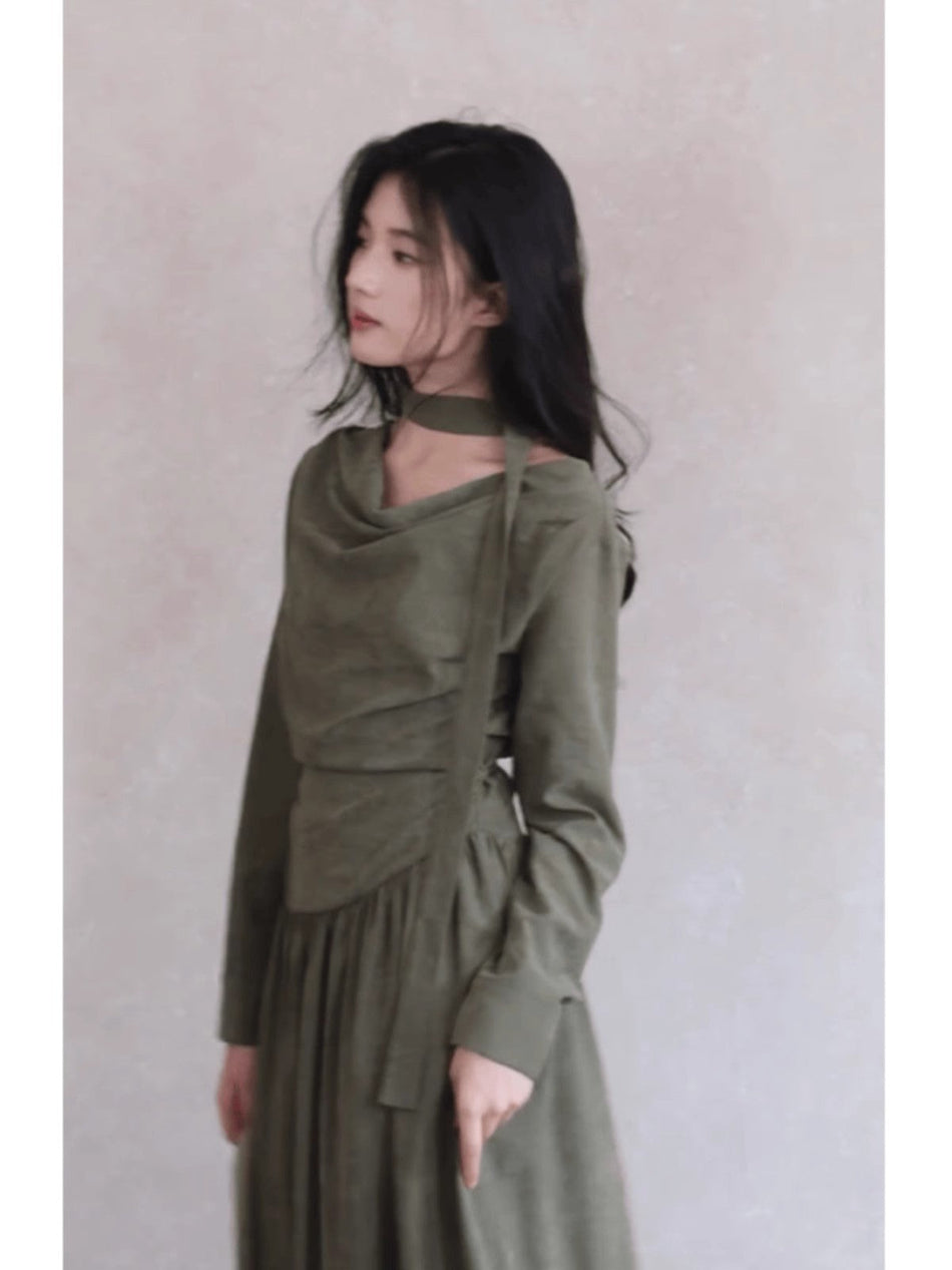 Women Green Swing Collar Pleated Midi Dress French