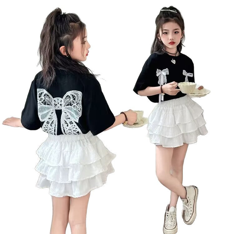 Girls Lace Cake Skirt Korean Two-Piece Set – Elegant Kids Outfit Nepal | Tudoholic