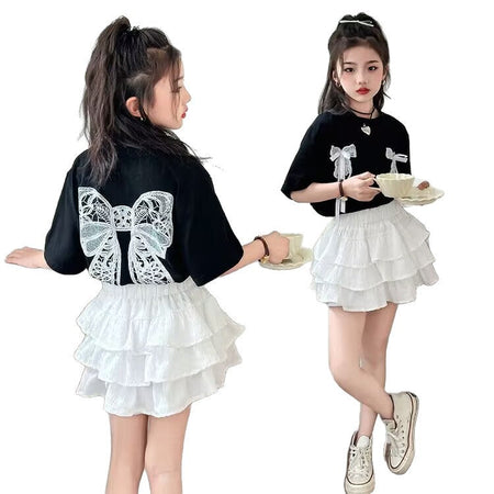 Girls Lace Cake Skirt Korean Two-Piece Set – Elegant Kids Outfit Nepal | Tudoholic