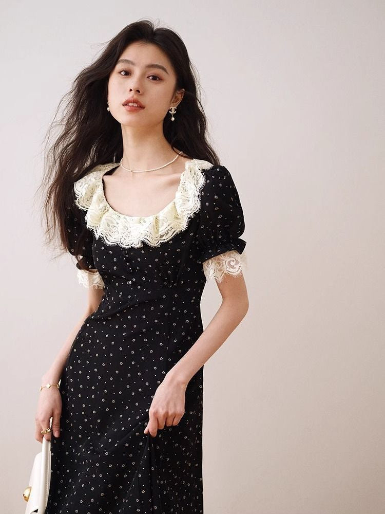 Women Black Floral Ruffle Collar Midi Dress Summer