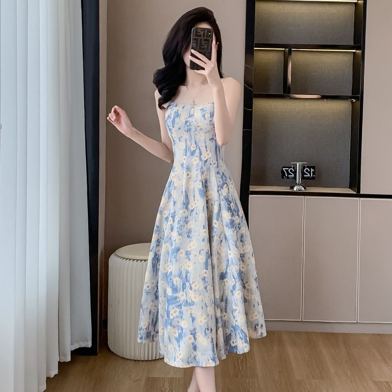 Women Blue Floral Suspender Maxi Dress Summer