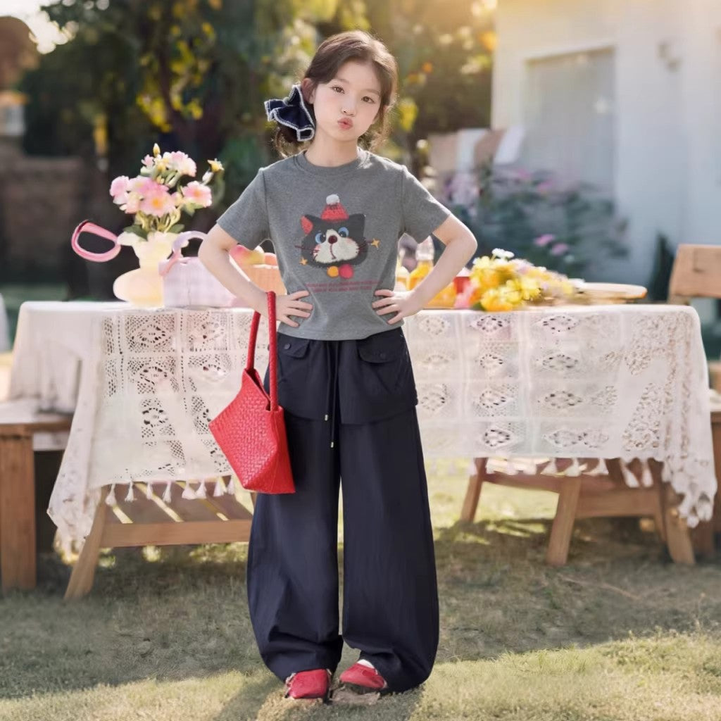 Girls Cat Print T-Shirt & Cargo Pants Set – Sporty Kids Outfit Nepal | Tudoholic