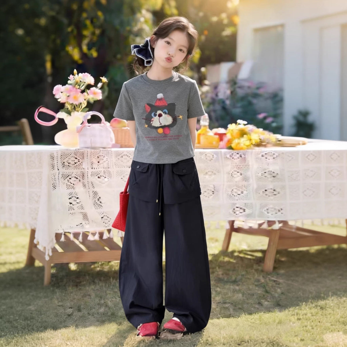 Girls Cat Print T-Shirt & Cargo Pants Set – Sporty Kids Outfit Nepal | Tudoholic
