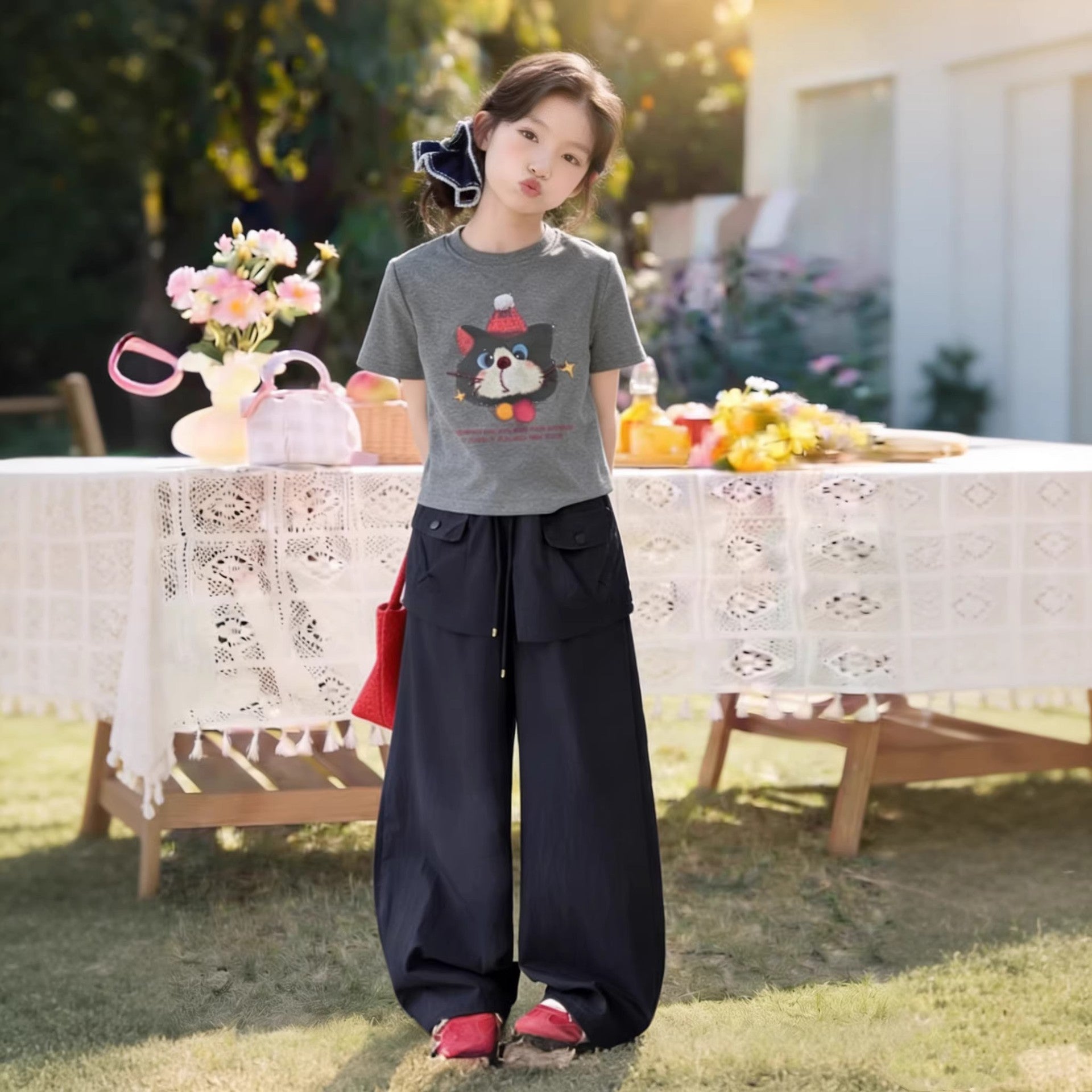 Girls Cat Print T-Shirt & Cargo Pants Set – Sporty Kids Outfit Nepal | Tudoholic